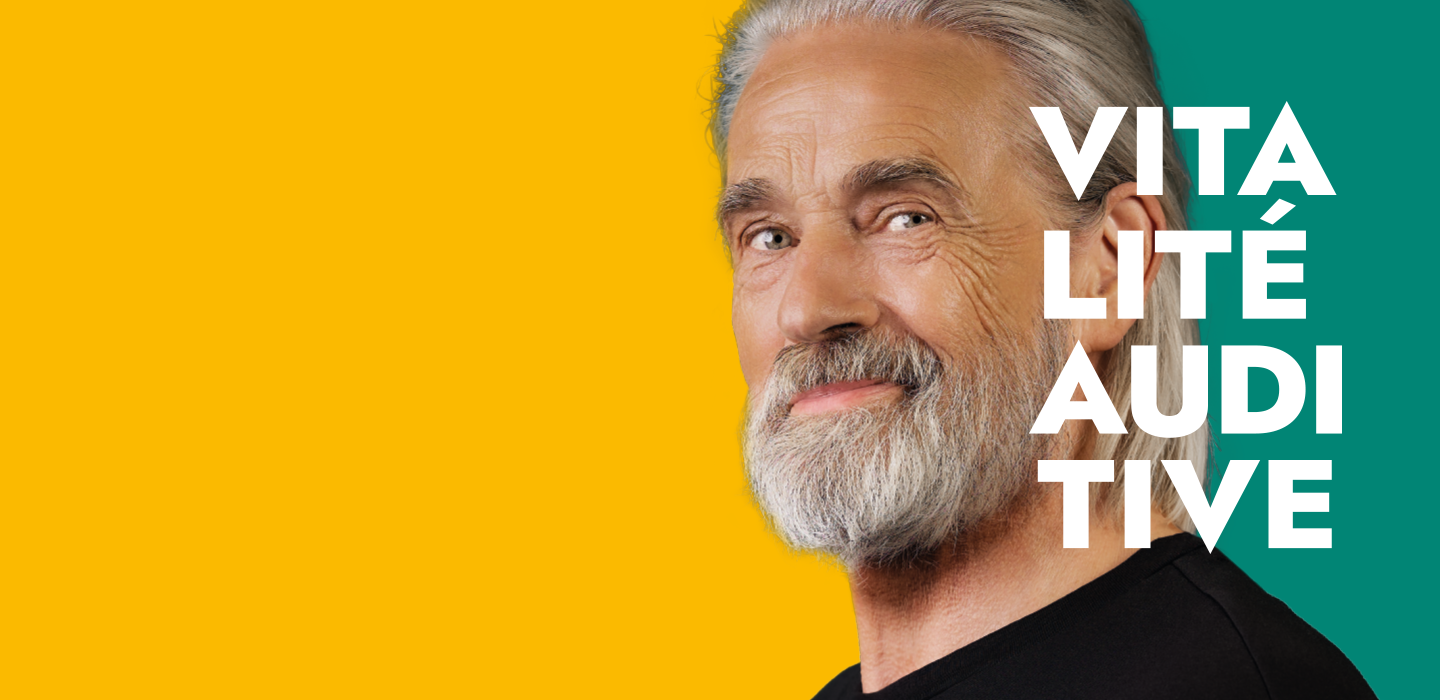 Homme avec barbe vitalité auditive inscription l'essentielle ma vitalité auditive