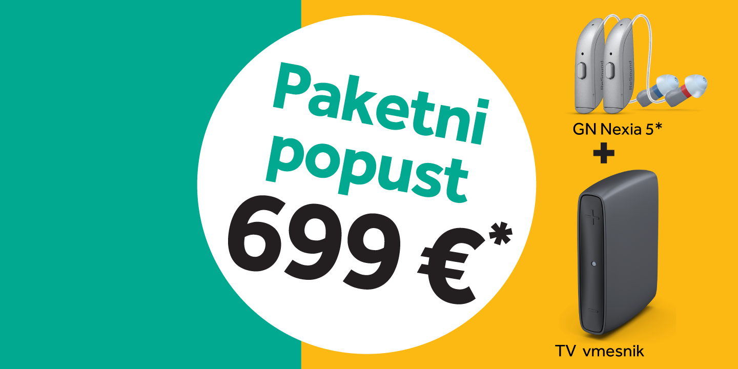 Ob nakupu levega in desnega slušnega aparata Nexia 5 NX561-DRW prejmete popust v višini 699 € in TV Set GN Streamer+ brezplačno