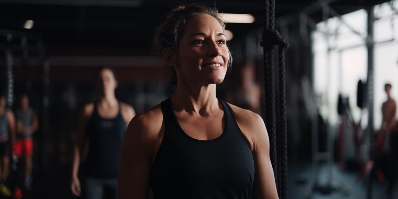 Žena u sportskoj odjeći stoji u teretani s osmijehom na licu, okružena drugim vježbačima.